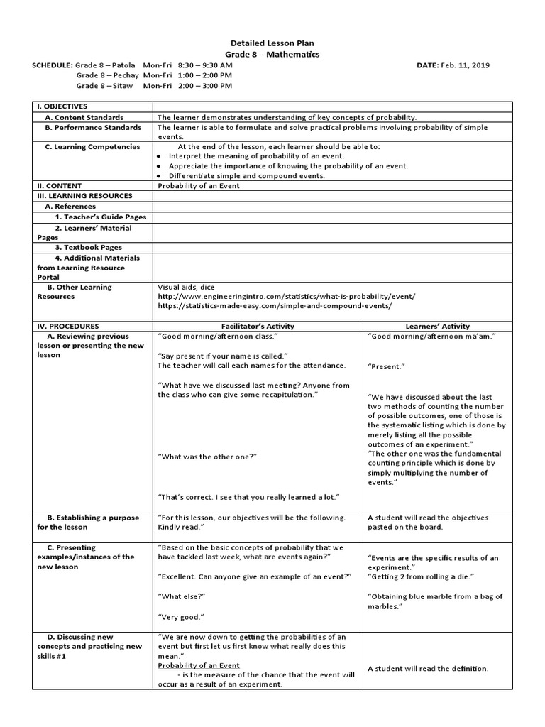 Grade 8 Math Lesson Plan on Probability | PDF | Probability | Learning