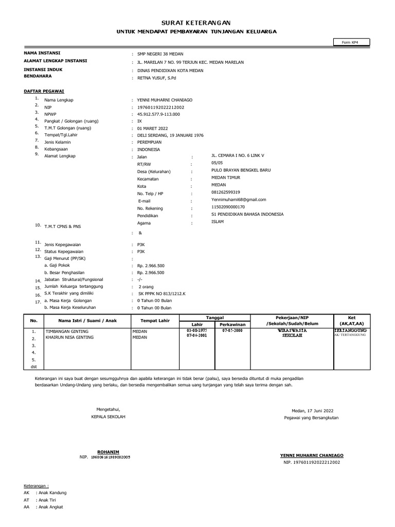 Surat Keterangan Tunjangan Keluarga | PDF