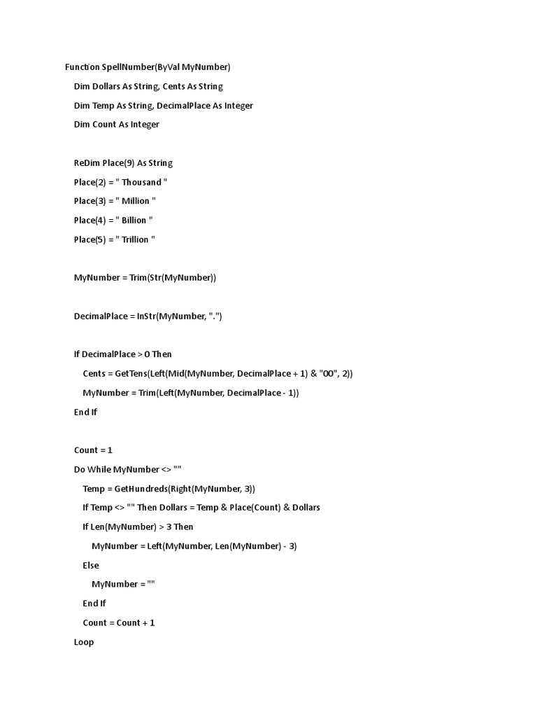 Function SpellNumber | PDF | Computer Programming