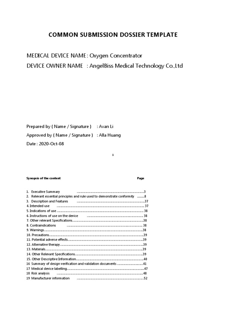 Common Submission Dossier Template 2021 PDF Medical Device Oxygen
