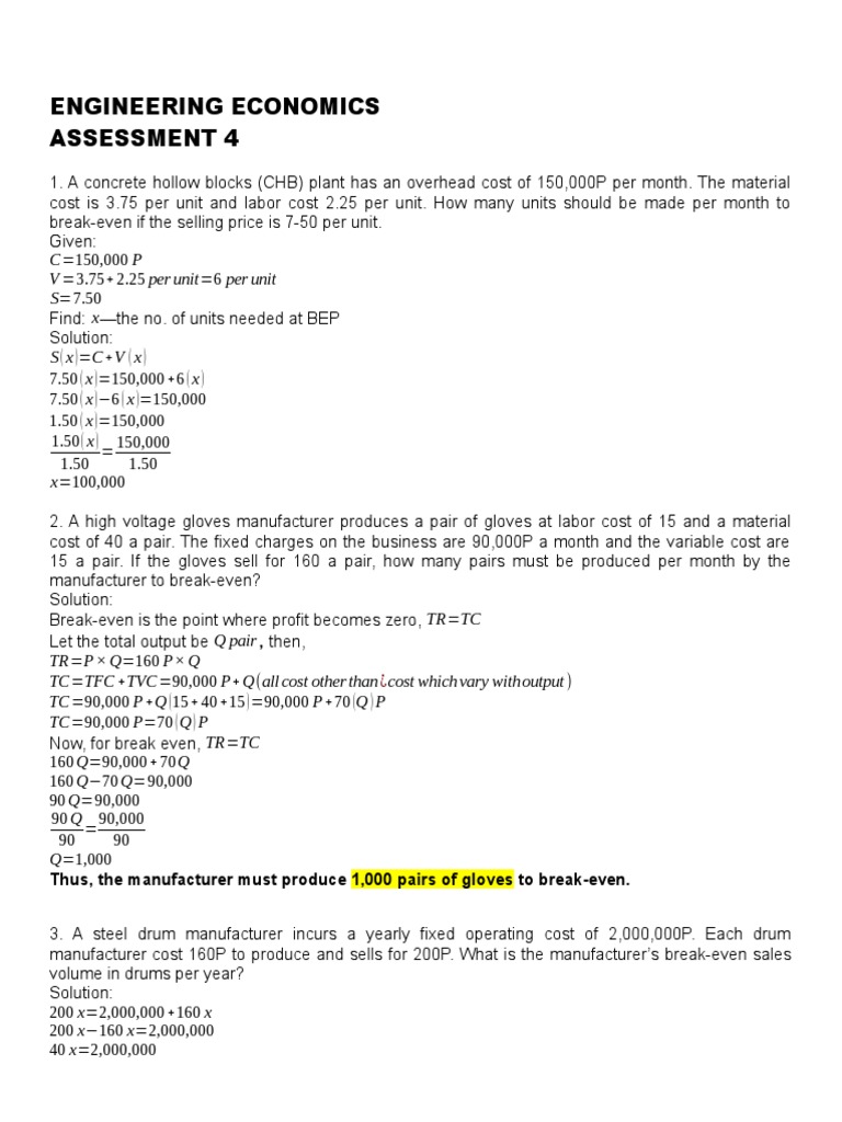Break-Even Analysis in Engineering Economics | PDF | Pricing ...