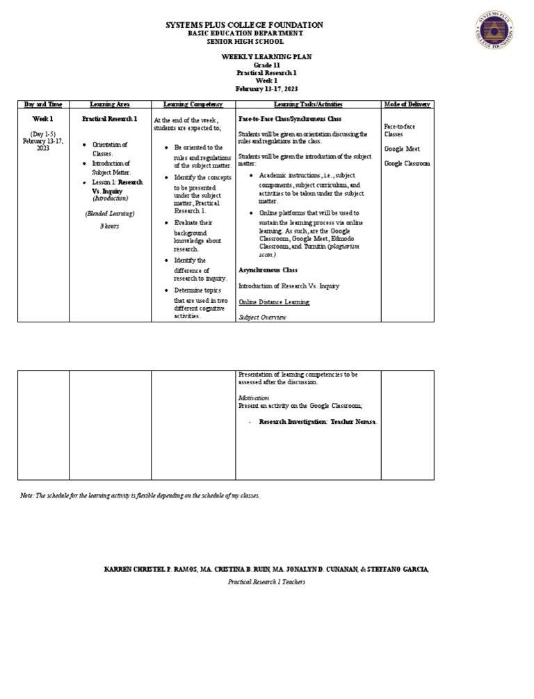 Week 1 Practical Research 1 Learning Plan | PDF | Learning | Distance ...