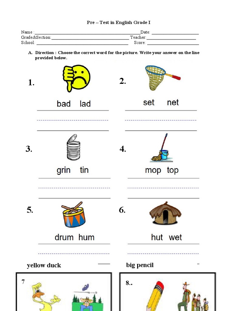 Worksheet English Grade 1 PDF