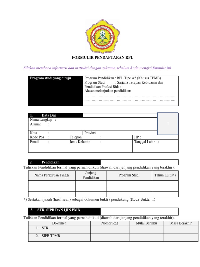 Formulir Rpl Tipe A2 Khusus Tpmb Pdf