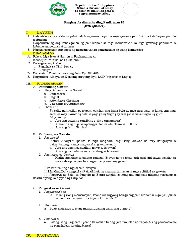 Lesson Plan in AP 10 4rth Quarter | PDF
