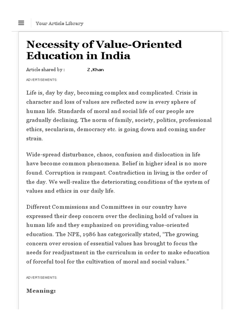 Necessity of value oriented education in india article shared by pdf