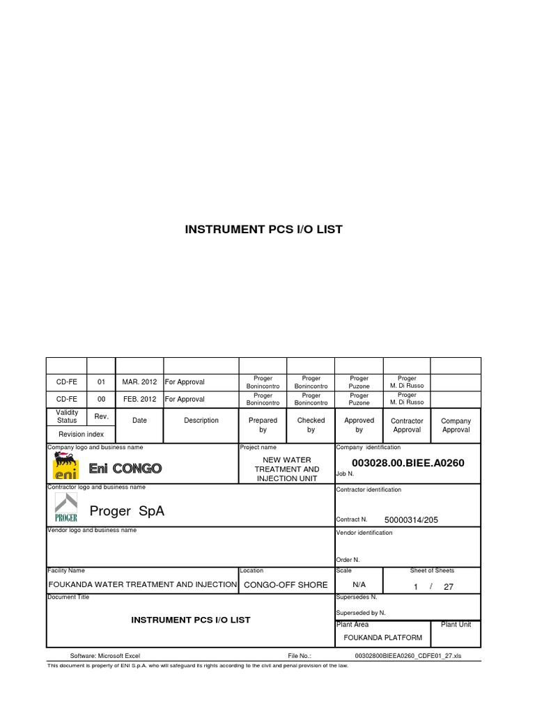 Instrument PCS I/O List for Eni Congo | PDF | Scada | Analogue Electronics