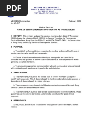 Medcen Memo 40 517 Care of Service Members Who Identify as Transgender