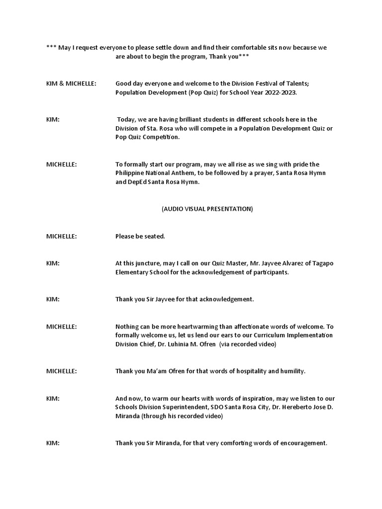 Pop Quiz Competition Program Script | PDF