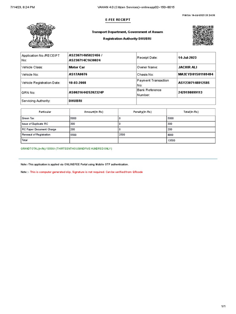 Vahan 4 0 citizen services onlineapp02 150 8015 pdf receipt