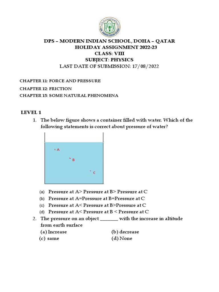 Class 8 Physics Holiday Assignment | PDF | Force | Friction