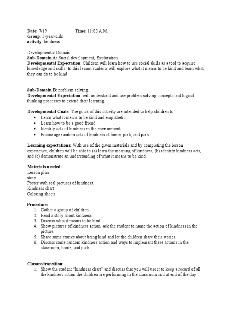 Kindness Lesson Plan for 5-Year-Olds | PDF | Wellness