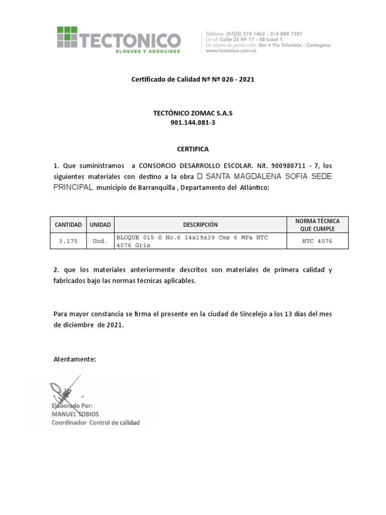 Certificado de Calidad Tectonico No. 026 - 2021 | PDF