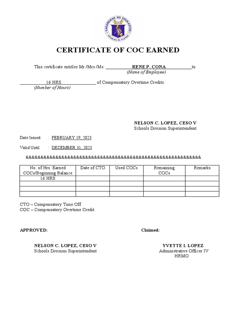 CERTIFICATE OF COC EARNED PDF