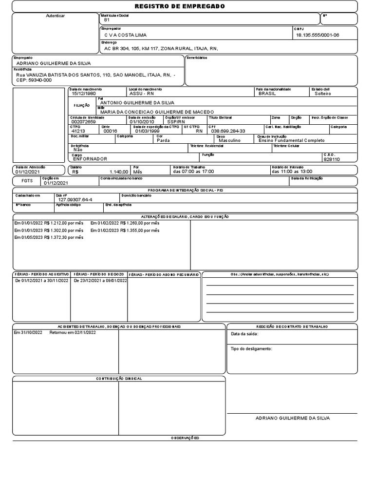 Ficha de Empregado | PDF | Férias trabalhistas | Compensação de emprego