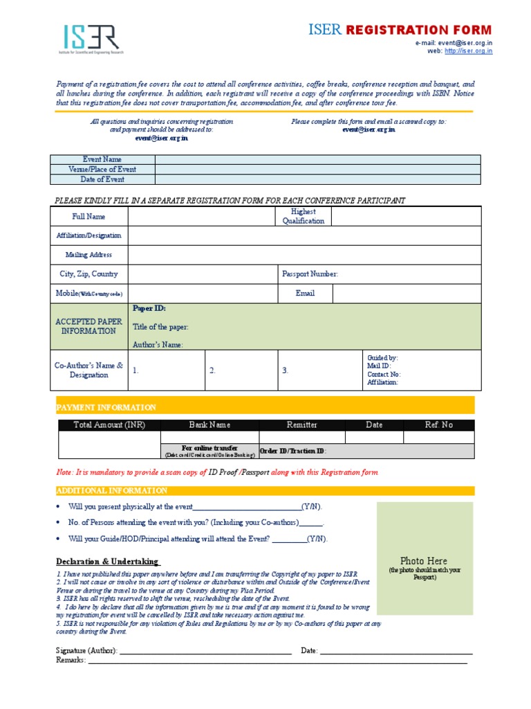 ISER India Registration Form PDF Credit Card Fee