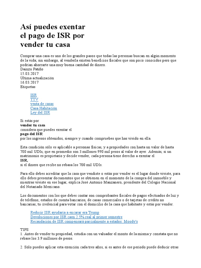 Exentar El Pago de ISR Por Vender Tu Casa Descargar gratis PDF Impuesto sobre la renta