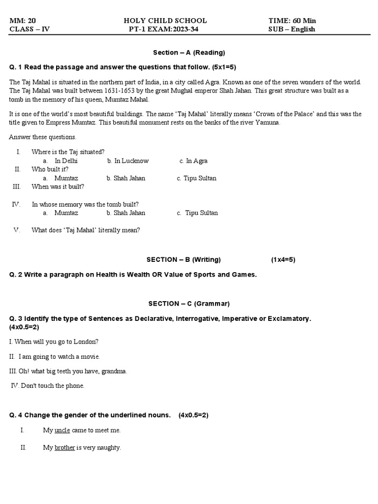 Class IV English Exam Paper 2023-34 | PDF | Syntax | Linguistic Morphology