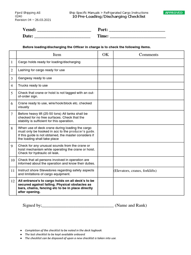 Pre-Loading/Discharging Checklist | PDF | Home & Garden | Technology ...