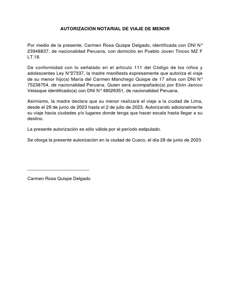 Autorizacion Notarial de Viaje para Menores de Edad | PDF