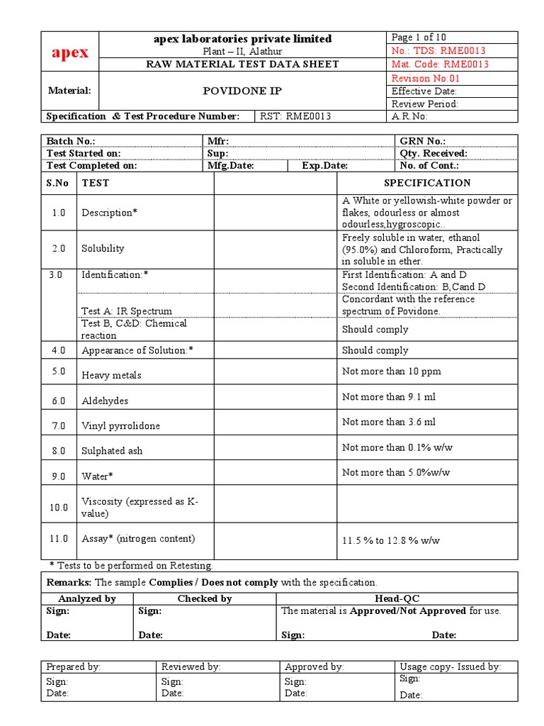 Povidone IP TDS | PDF | Chemistry | Titration