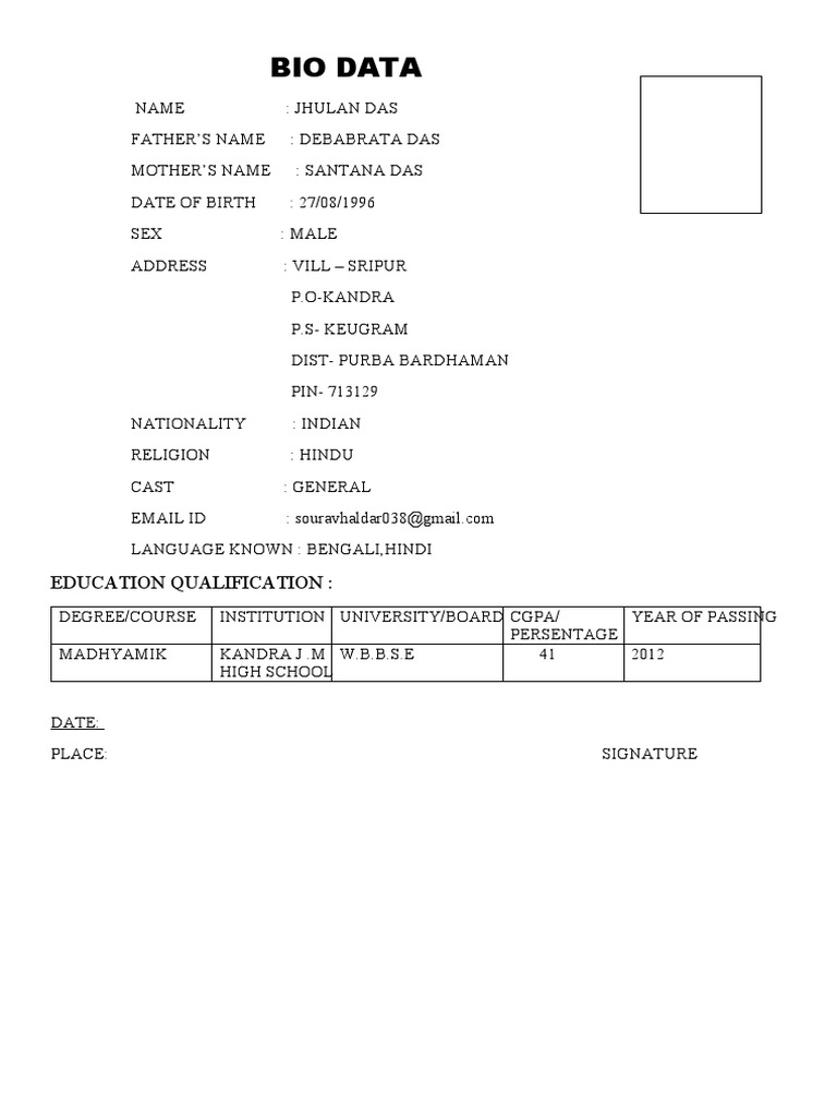 Bio Data Sample | PDF