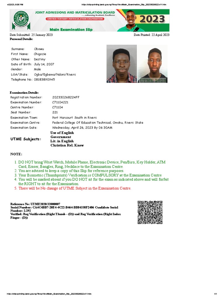 UTME Main Examination Slip Details | PDF