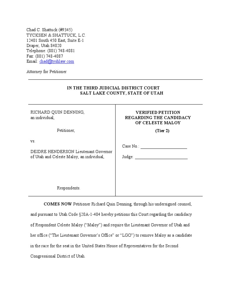 Quin denning lawsuit asking that celeste maloy be disqualified from the