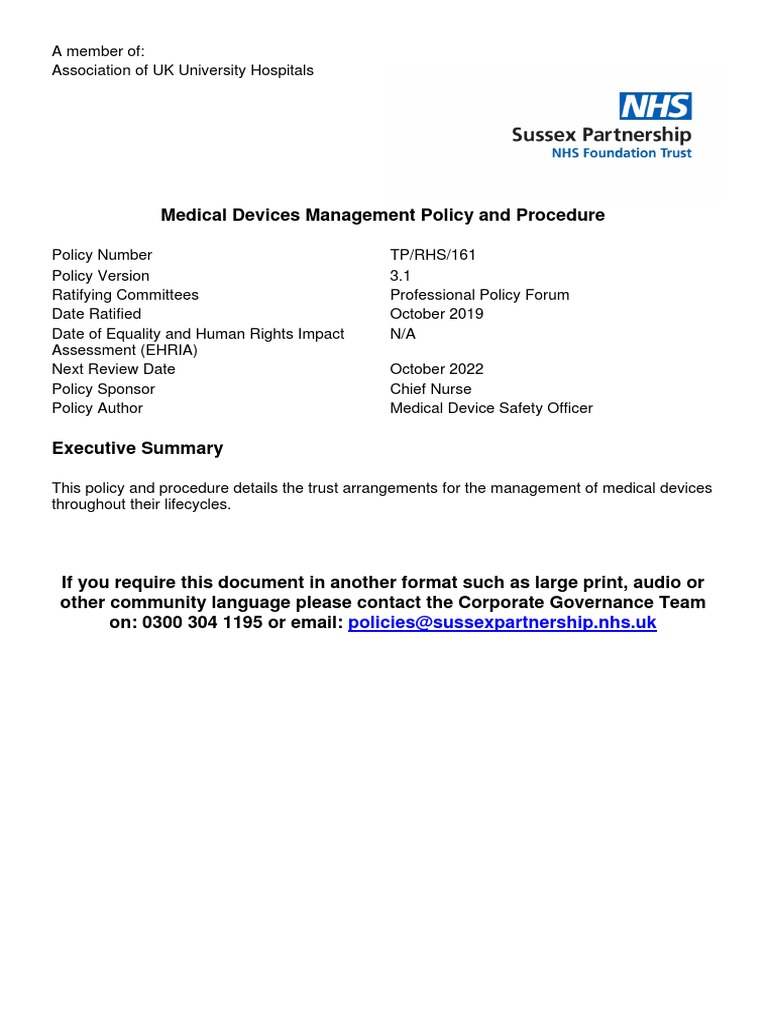 TPRHS161 Medical Device Management Policy PDF Medical Device