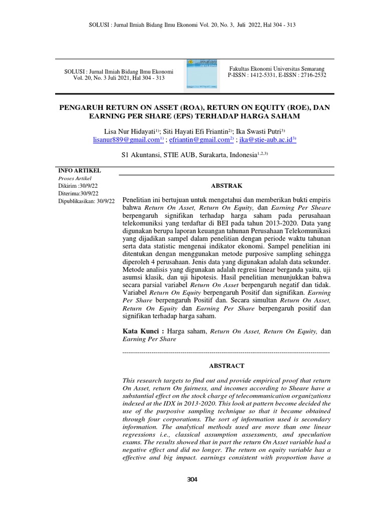 Pengaruh Return On Asset Roa Return On Equity Roe | PDF