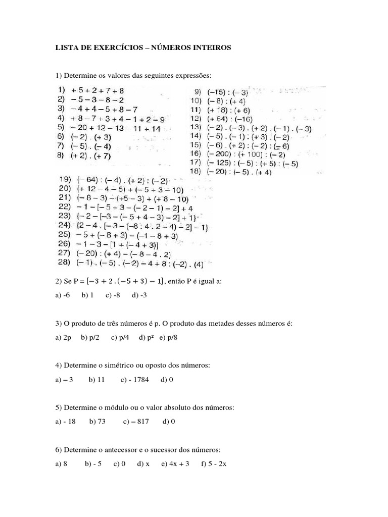 Exercícios Números Inteiros Pdf