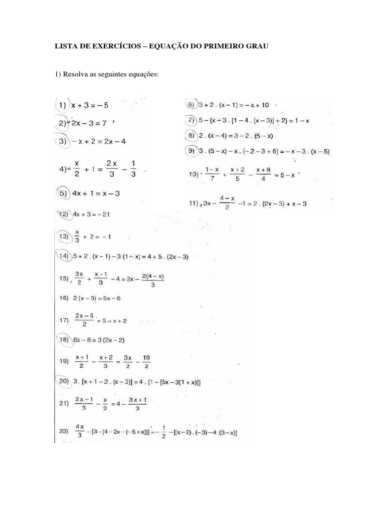 Exercícios de Equação do 1º Grau | PDF