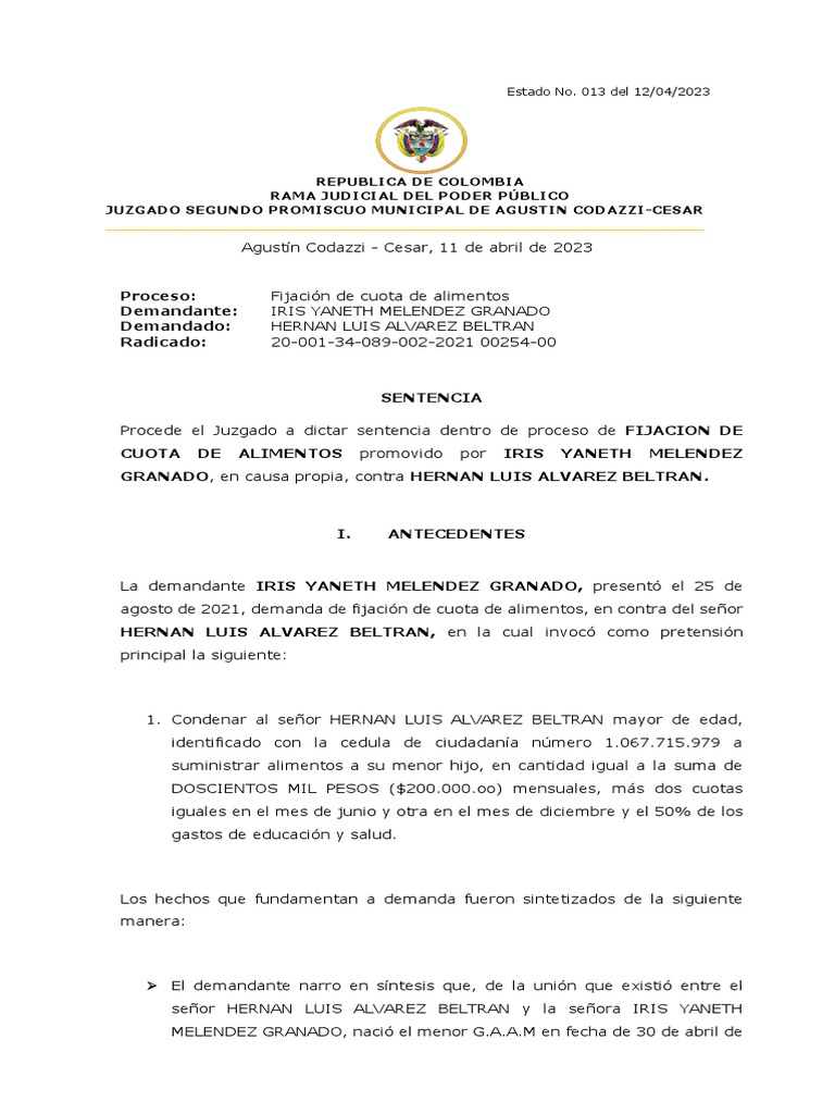 2021 00254 Sentencia Fijacion de Cuota de Alimentos | PDF | Caso de ley