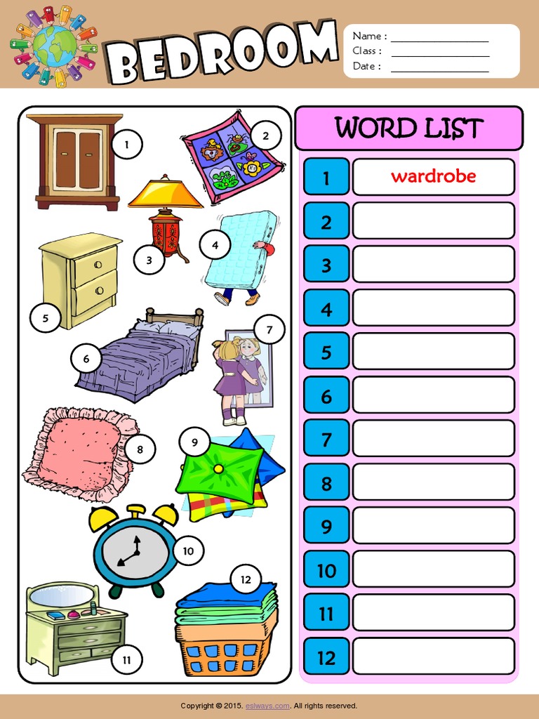 Bedroom Esl Vocabulary Write The Words Worksheet For Kids PDF