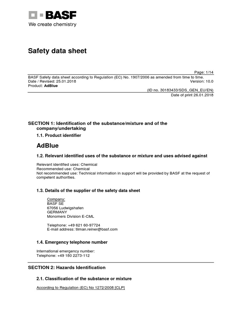 BASF AdBlue Safety Data Sheet | PDF | Toxicity | Dangerous Goods