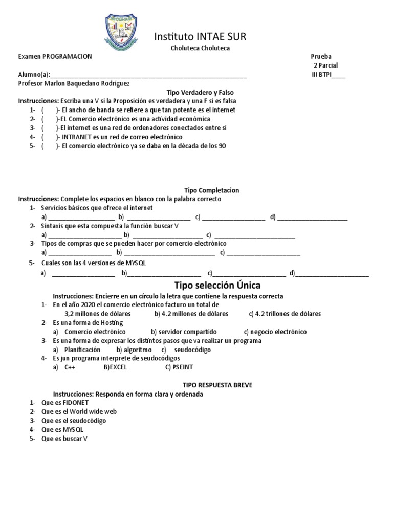 Examen Programación INTAE SUR | PDF | Comercio electrónico | Lenguaje ...