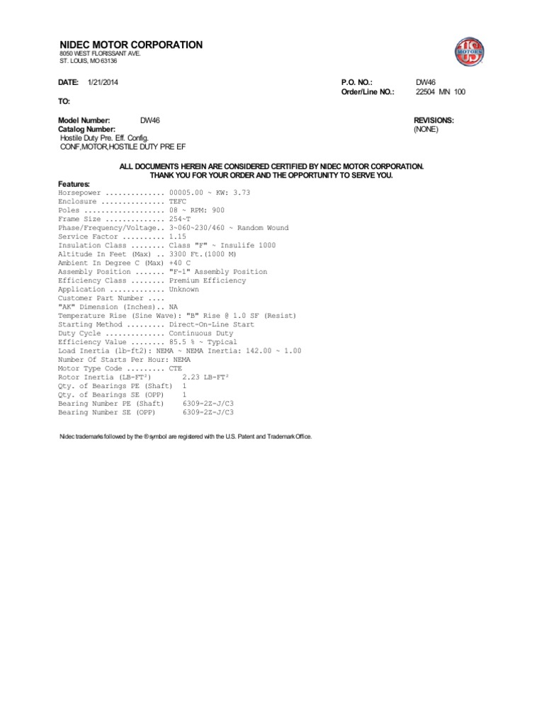 Nidec motor corporation date 1 21 2014 p o no order line no to