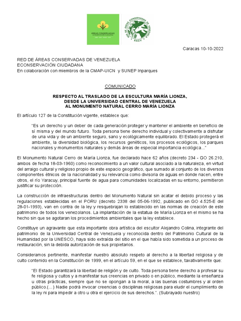 Comunicado Maria Lionza - 10oct2022 - RACV-CMAP-SUNEP-Econservacion ...
