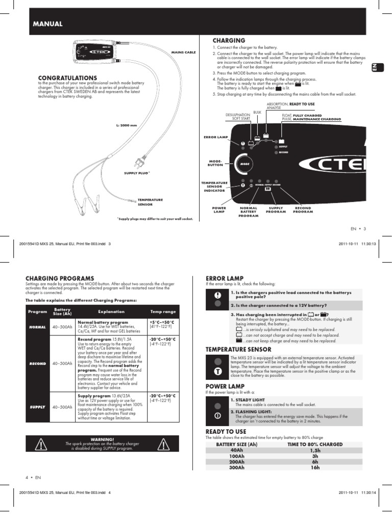 Ctek Mxs 25 Car Battery Charger User Manual PDF Battery Charger