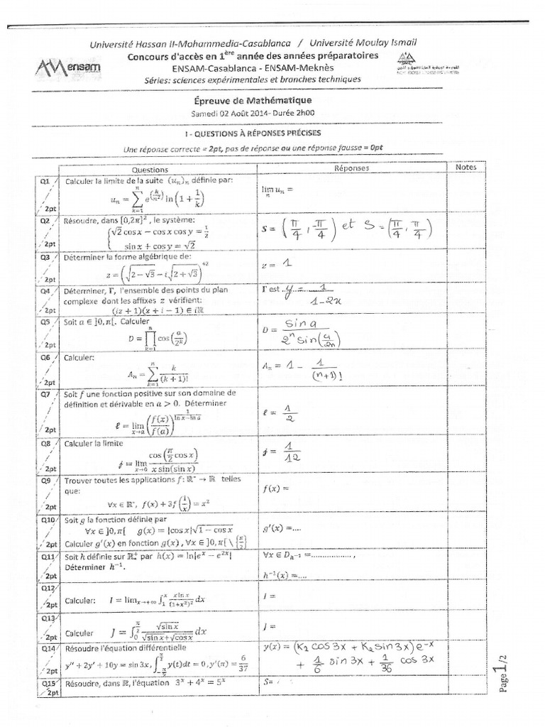 Ensam Maths SVT 2014 Corrige | PDF