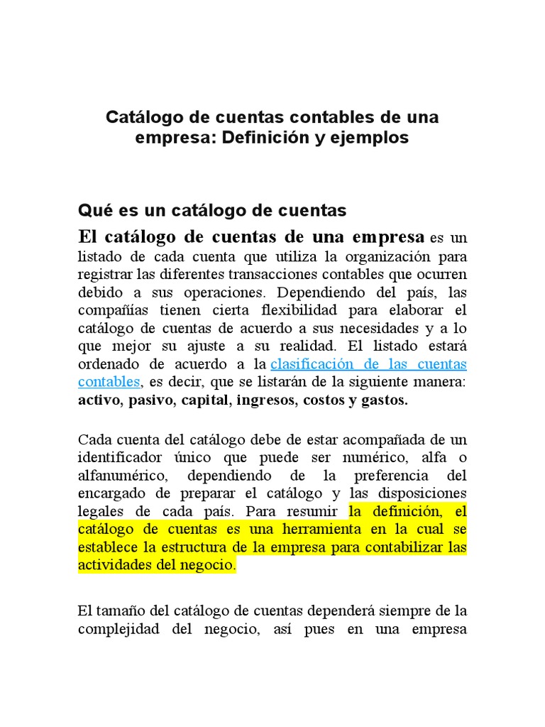 Catálogo de Cuentas Contables de Una Empresa | Descargar gratis PDF ...