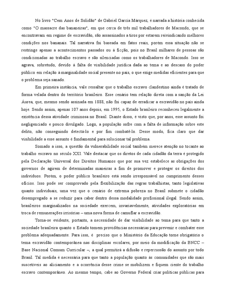 Modelo Redação Enem - Trabalho Escravo No Brasil Do Século Xxi | PDF ...