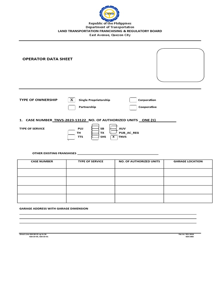 Operators Data Sheet TNVS | PDF | Government