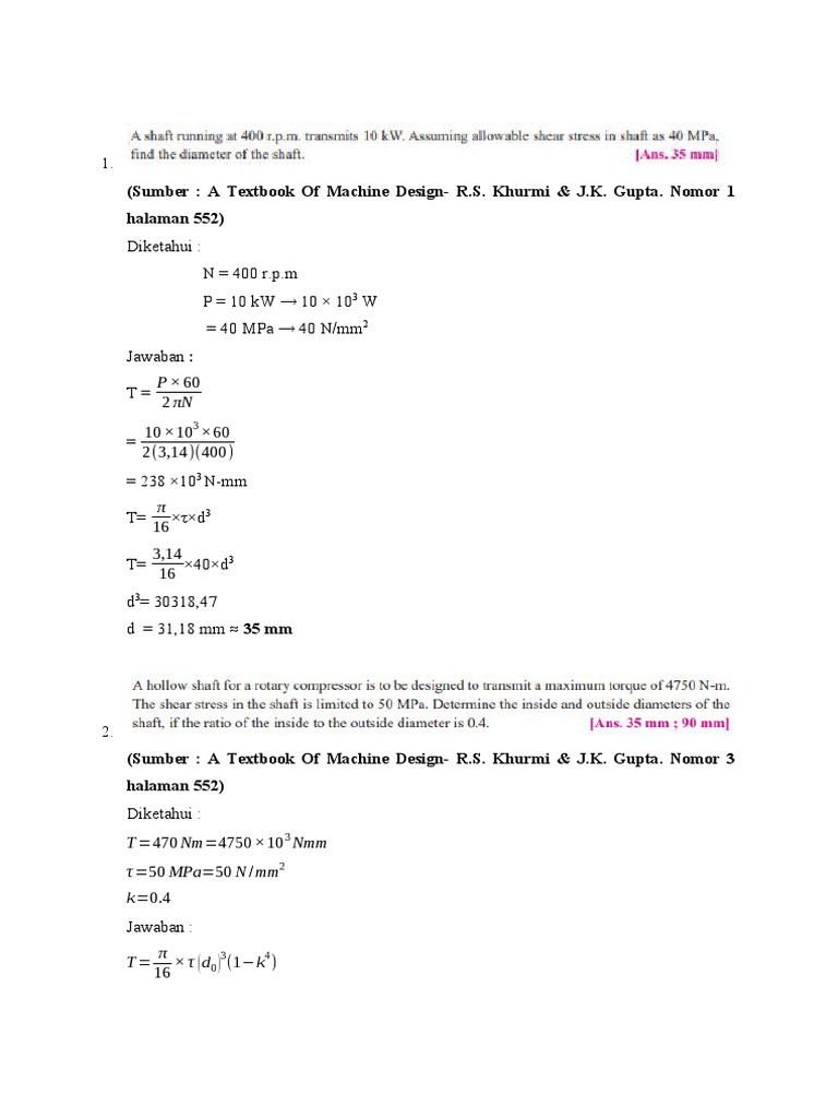 Machine Design Torque and Diameter Calculations | PDF