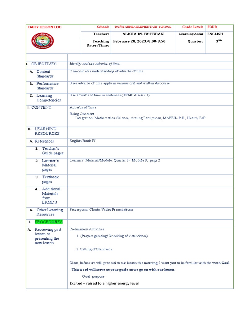 Grade 4 English Lesson on Adverbs | PDF | Learning | Teachers