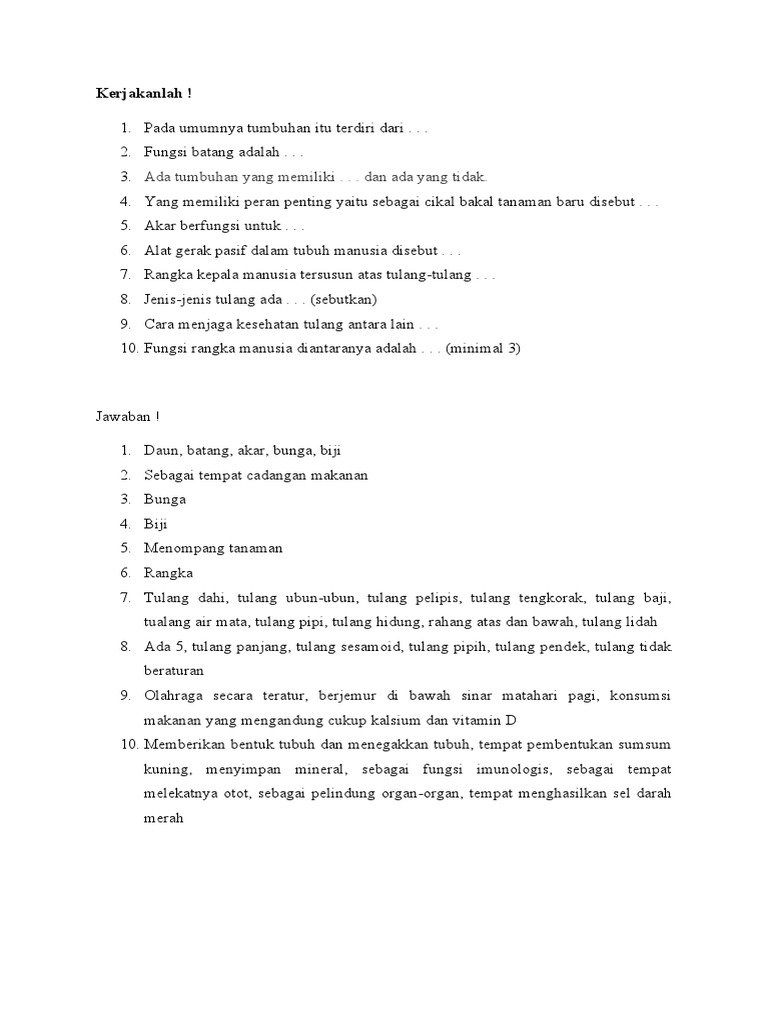 Latihan Soal (Bagian Tumbuhan Dan Rangka Manusia) | PDF