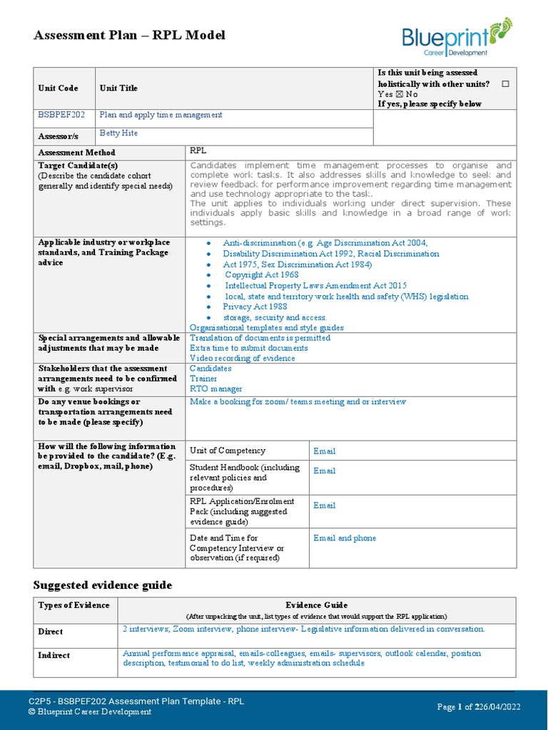 Assessment Plan - RPL Model: BSBPEF202 Plan and Apply Time Management ...