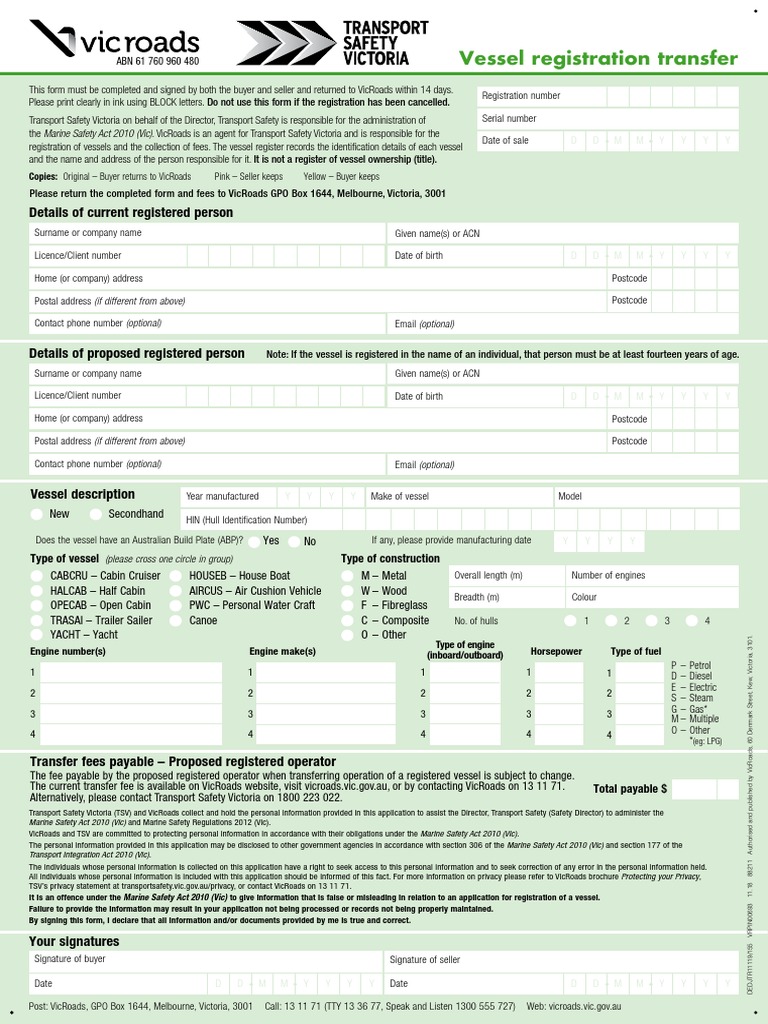 Vessel Registration Transfer Form VIC | PDF | Yacht | Marine Propulsion