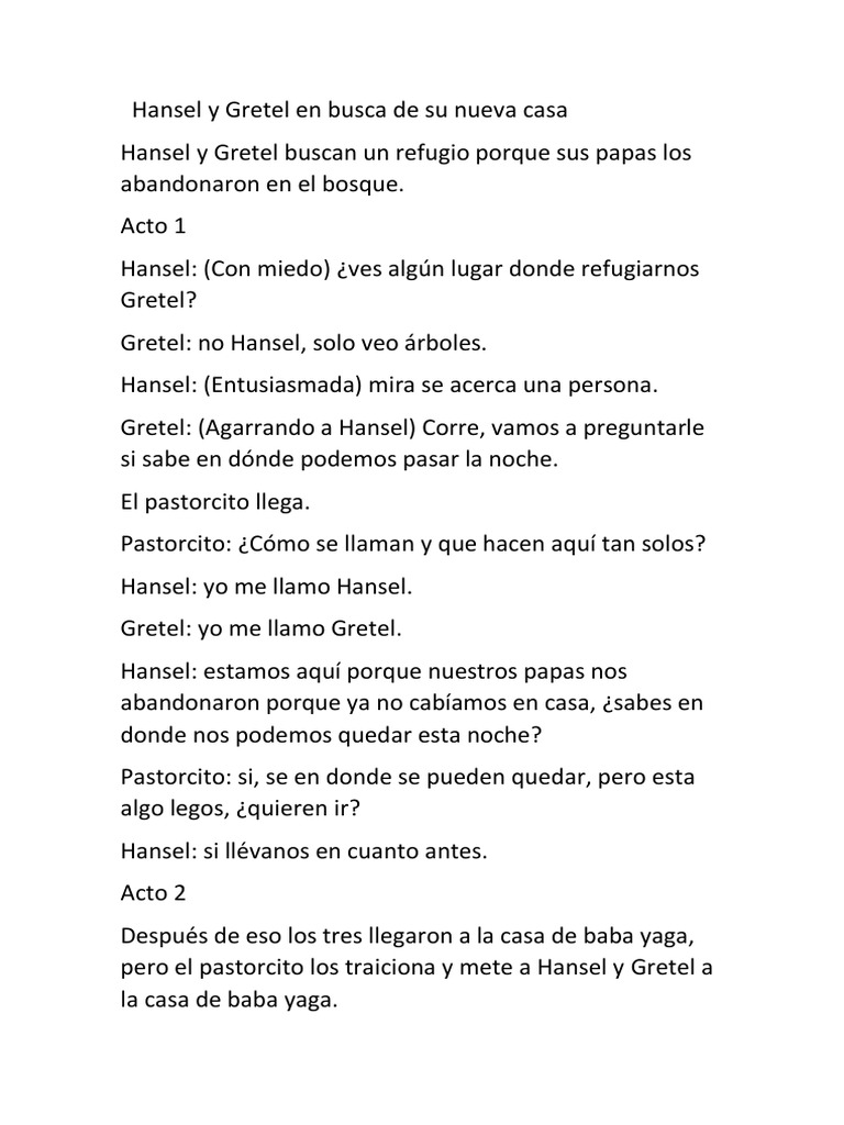 Hansel y Gretel en Busca de Su Nueva Casa Dialogo para Una Obra de ...