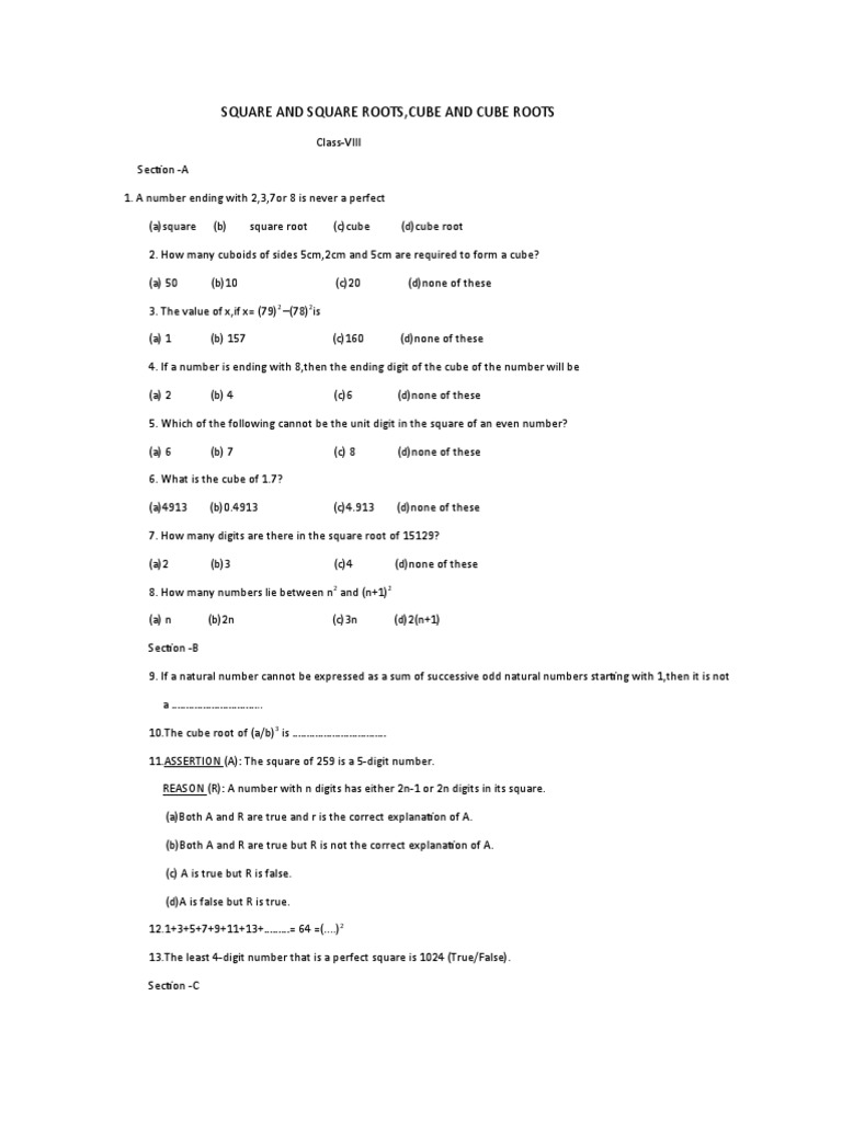 Class 8 Assignment: Squares & Roots Quiz | PDF | Mathematical Concepts ...